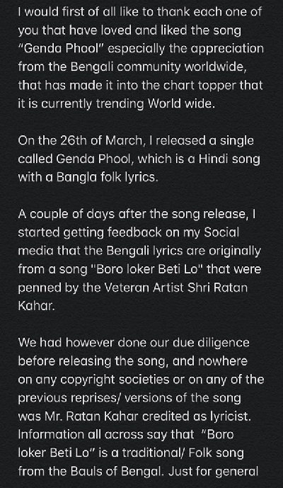 Badshah's statement on his song 'Genda Phool'.