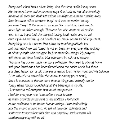 Actress Anushka Sharma has had time for some reflection in life during the nationwide lockdown, and says that she has realised just having food, water, a roof over her head and the good health of her family are most important.