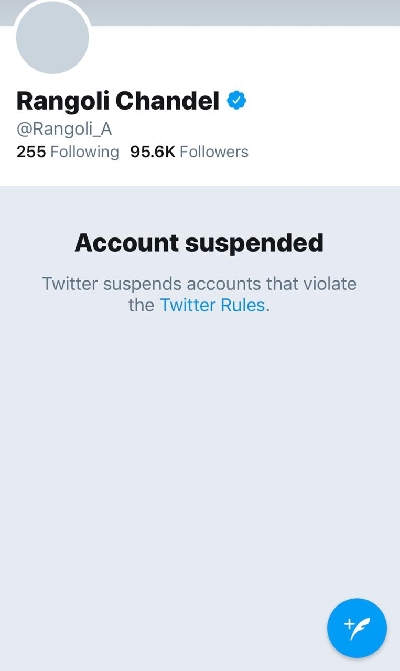 Rangoli Chandelâ€™s Twitter handle suspended.
