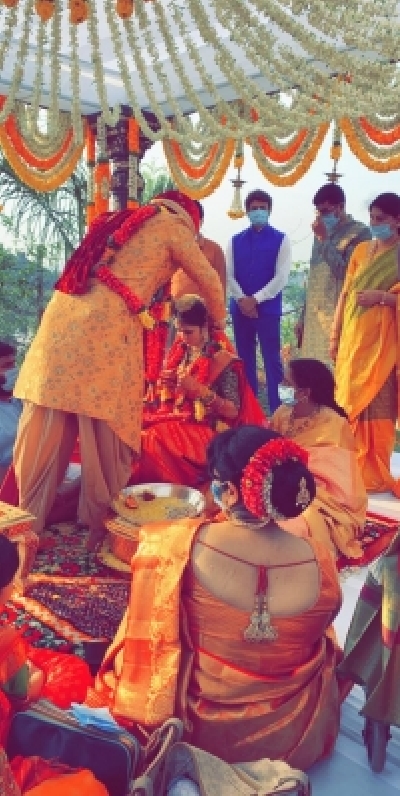 Hyderabad: Actor Nikhil Siddhartha ties the knot with Pallavi Varma in a close-knit ceremony in the presence of family members and close friends at a private resort near Hyderabad during the extended nationwide lockdown imposed to mitigate the spread of coronavirus, on May 14, 2020. (Photo: IANS)