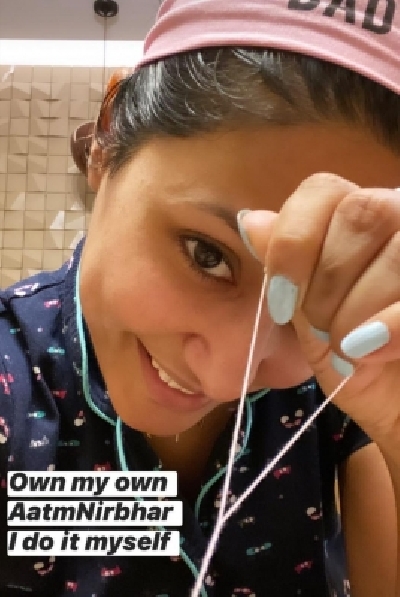 Lockdown diaries: Hina Khan does her own eyebrows at home.