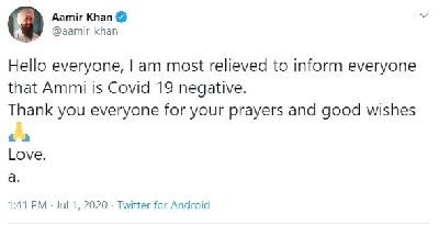Aamir Khan's mother tests COVID negative.