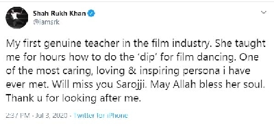 Shah Rukh Khan pays tribute to Saroj Khan.
