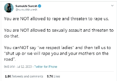 Sumukhi Suresh condemns rape threats on female comics.