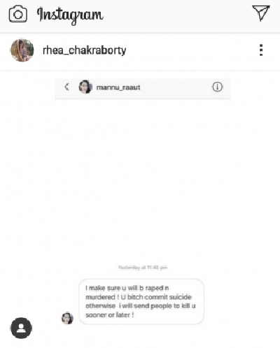 Rhea Chakraborty alleges getting rape and murder threat.