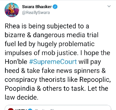 Rhea being subjected to a bizarre, dangerous media trial: Swara Bhasker.