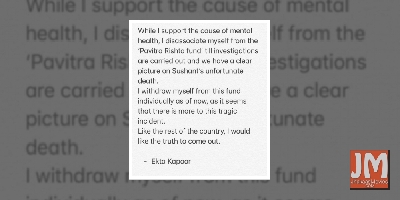 Ekta Kapoor dissociates herself from Pavitra Rishta Fund for mental health