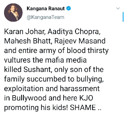 Kangana Ranaut: Karan Johar, Aditya Chopra, Mahesh Bhatt 'killed Sushant'