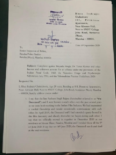 Rhea files police complaint against Sushant