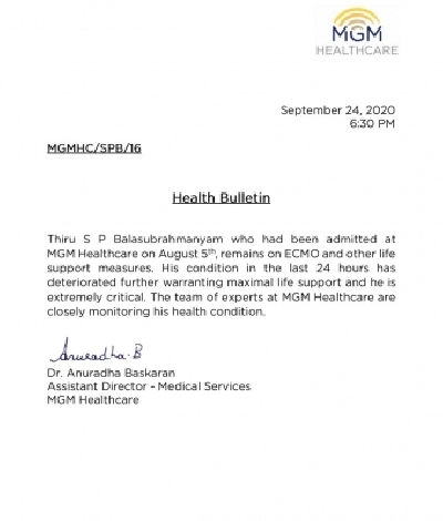 Veteran singer SP Balasubrahmanyam critical