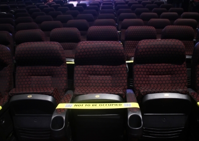 New Delhi: Precautions against COVID-19 in place at the INOX cinema hall in New Delhi on Oct 13, 2020. Cinema halls in the national capital shall reopen from October 15 amid the Covid-19 pandemic as part of Unlock 5.0. (Photo: IANS)