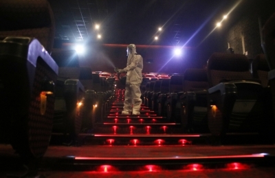 New Delhi: Sanitisation drive underway at the INOX cinema hall in New Delhi on Oct 13, 2020. Cinema halls in the national capital shall reopen from October 15 amid the Covid-19 pandemic as part of Unlock 5.0. (Photo: IANS)