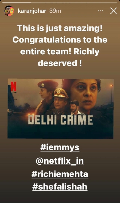 Bollywood congratulated team 'Delhi Crime' on international Emmy win.
