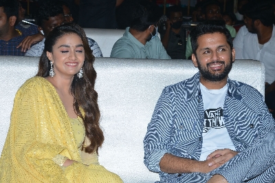 Nitin, Keerhi Suresh acted Rang De Movie Pre Release Event held at Rajahmundry of Andhra Pradesh(Photo: IANS)