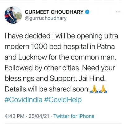 Gurmeet Choudhary to open Covid hospitals in Lucknow, Patna.(Photo:Instagram)