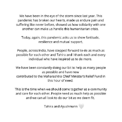 Ayushmann, Tahira contribute to Maha CM's Relief Fund.(photo:Instagram)