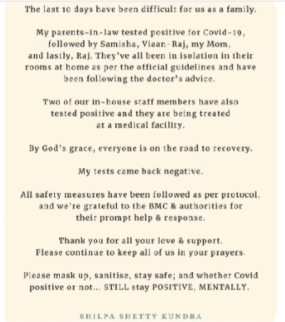 Shilpa Shettyâ€™s family tests positive for covid, actress tests negative