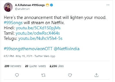 AR Rahman's '99 Songs' to have digital premiere on May 21