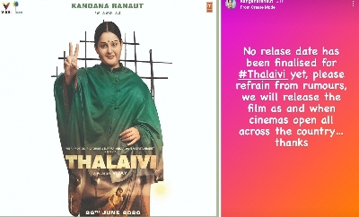 Kangana Ranaut: "Thalaivi" will release when cinemas open all across the country.(photo:Instagram)