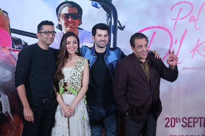 Mumbai: Debutants Karan Deol, Sahher Bambba with actor Dharmendra and other at the trailer launch of their upcoming film "Pal Pal Dil Ke Paas" in Mumbai, on Sep 5, 2019. (Photo: IANS)