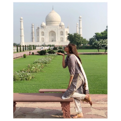 Actress Kajal Aggarwal is visiting the Taj Mahal for the first time and is mesmerised by its beauty. The actress has flooded her Instagram with photos clicked at the stunning heritage monument where she can be seen striking various poses.