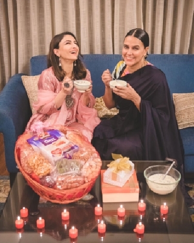 Bollywood besties Neha Dhupia and Soha Ali Khan are in the mood to treat their sweet tooth when they get together ahead of Diwali for a festive feast.