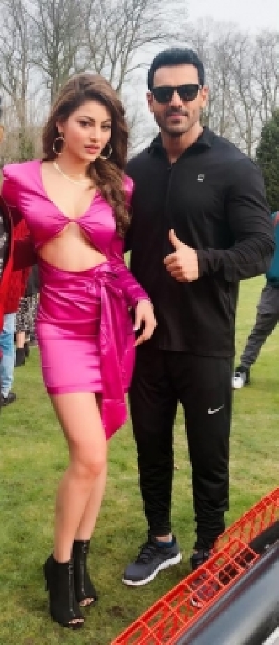 Actors Urvashi Rautela and John Abraham during the shooting of their song Pagalpanti.