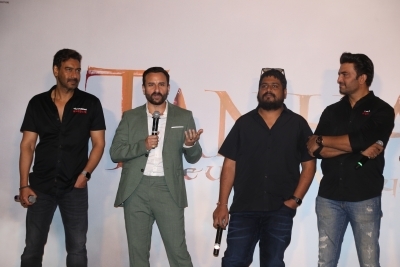Mumbai: Director Om Raut and actors Ajay Devgn, Saif Ali Khan and Sharad Kelkar at the trailer launch of their upcoming film 