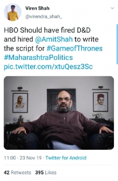 Since Saturday afternoon, the hashtag #GameofThrones started trending on Twitter because netizens are comparing the current political scenario of Maharashtra to the American fantasy drama television series dealing with power play.