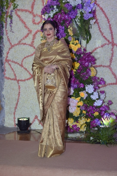 Mumbai: Actress Rekha at the wedding reception of filmmaker Sooraj Barjatya's son Devaansh Barjatya in Mumbai on Nov 29, 2019. (Photo: IANS)
