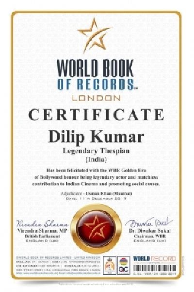 Dilip Kumar was felicitated by World Book of Records, London on his 97th birthday. His brother Aslam Khan collected the Certificate of Honour on his behalf.