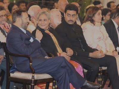 New Delhi: Union Information and Broadcasting Minister Prakash Javadekar, actors Jaya Bachchan and Abhishek Bachchan attend a special ceremony where megastar Amitabh Bachchan receives Dadasaheb Phalke Award (India